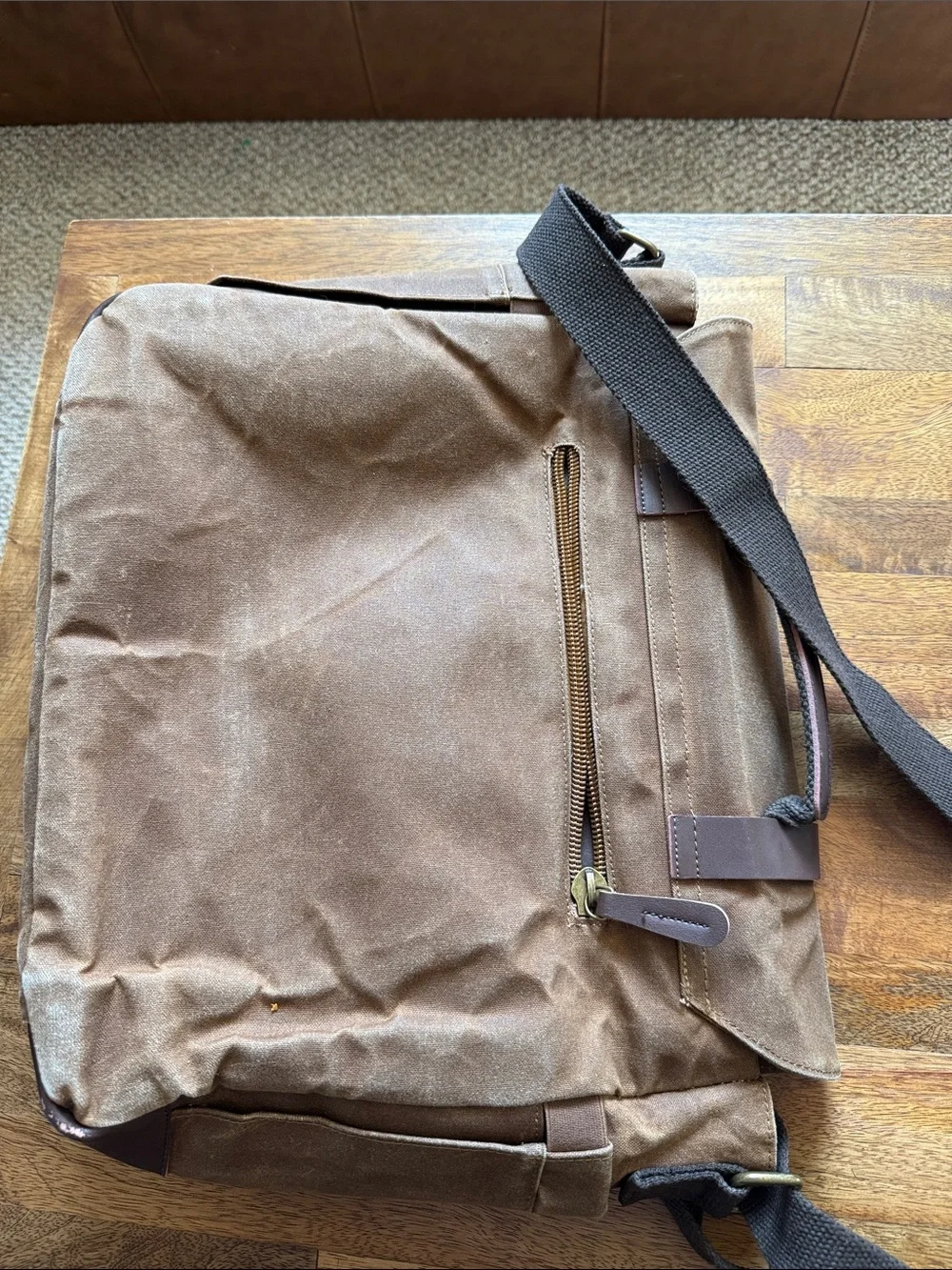 Men's Brown Canvas Messenger Bag with faux Leather Straps